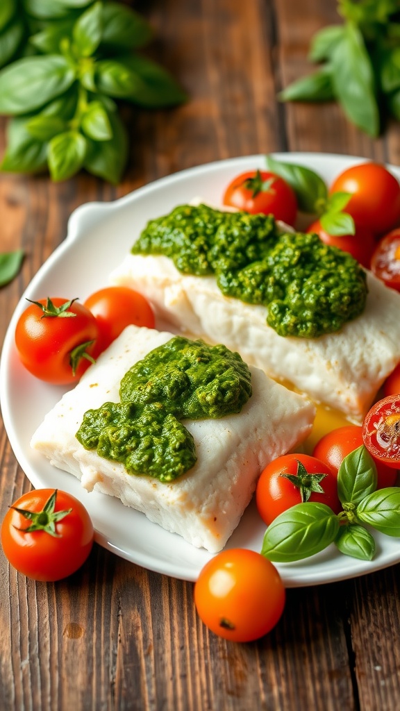 Baked cod fillets with pesto and cherry tomatoes on a rustic wooden table, garnished with basil.